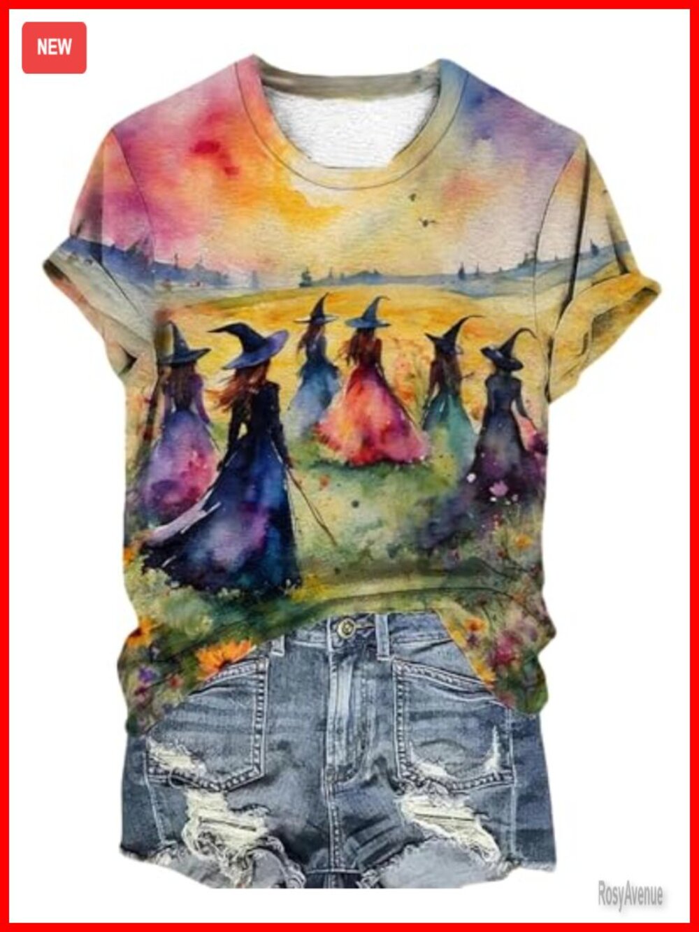 Halloween Witch Party Graphic Tee Casual V-Neck Cotton Blend Women's